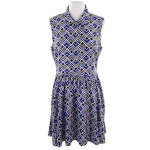 Kate Spade Lora Womens Black Blue Silk Collared Sleeveless Geometric Dress  12